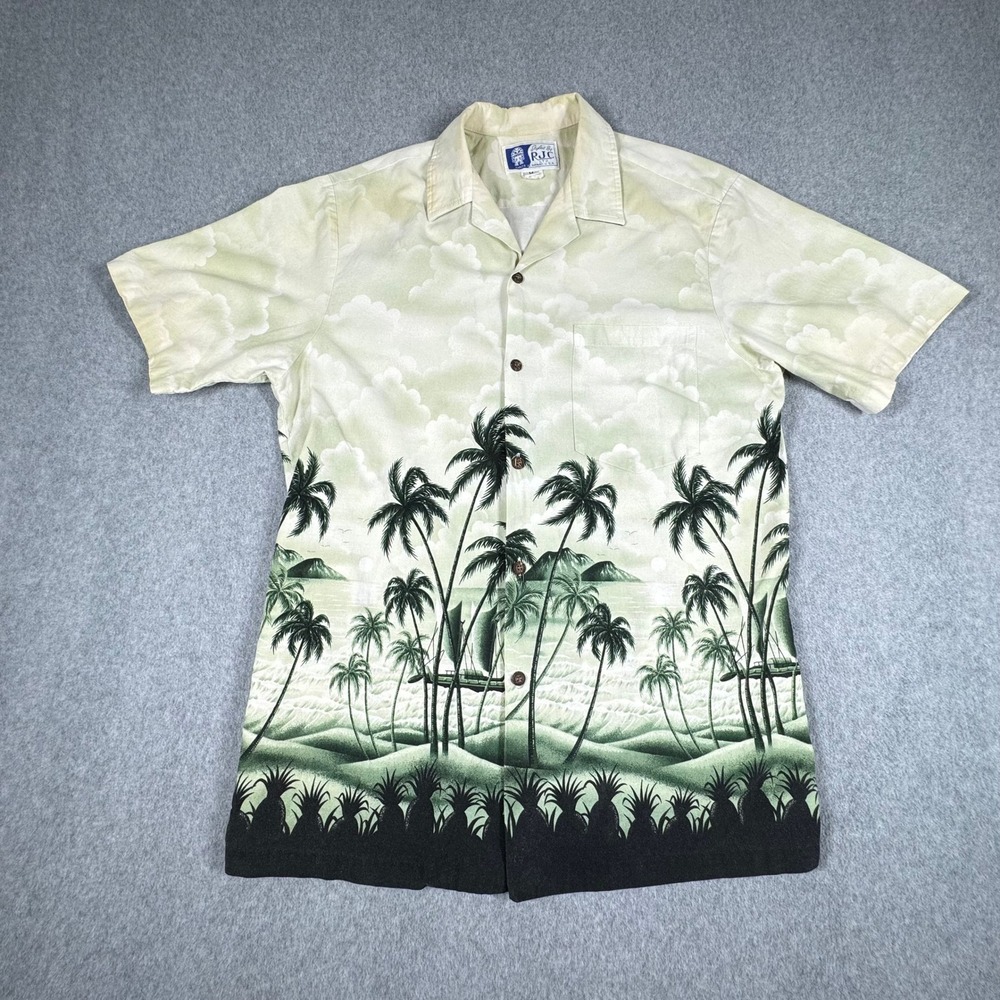 Vintage RJC Hawaiian Aloha Camp Shirt Mens M Floral Island Palms‎ Clouds USA